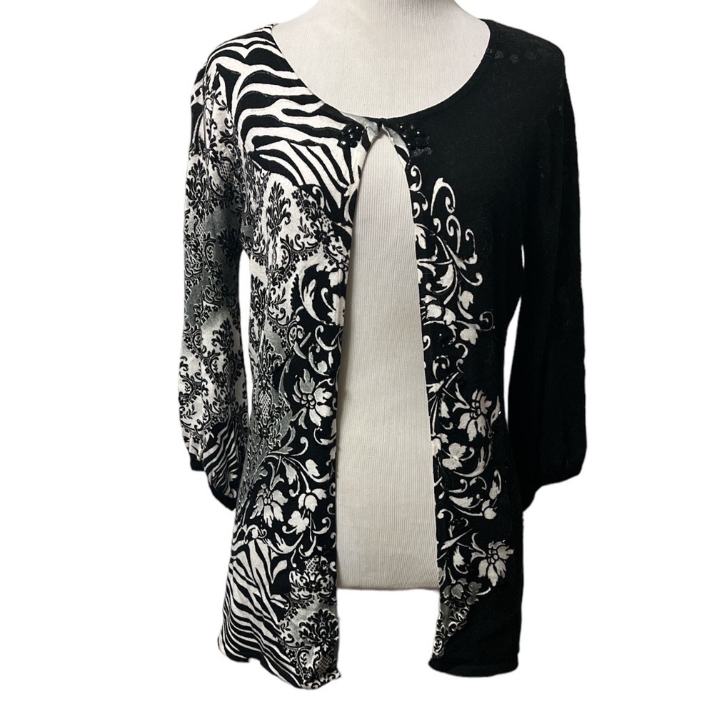 Alberto Makali longer length cardigan, black and white, beads, 3/4 sleeves